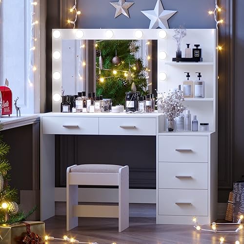Miniatura 3 de Rovaurx Juego de tocador de maquillaje de 46.7" de ancho con luces y espejo, escritorio de tocador de madera con 5 cajones, 3 modos de iluminación