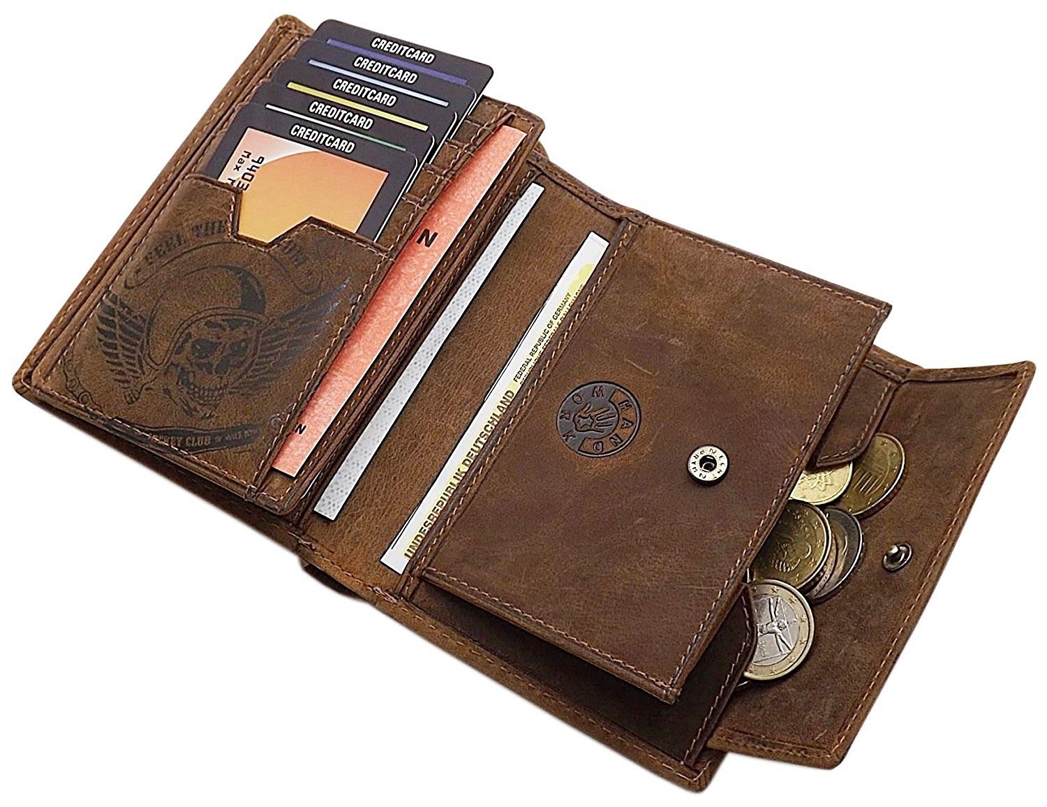 Cuero de búfalo Cartera con Cadena metálica con Calavera-Motivo en Formato Vertical o Formato oblongo con Bloqueo RFID y NFC en marrón