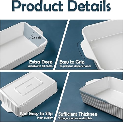 Miniatura 6 de Cacerola para horno de 9 x 13, paquete de 2 platos de cerámica para hornear, grandes y profundos, juego de cacerolas de 135 onzas con asas,