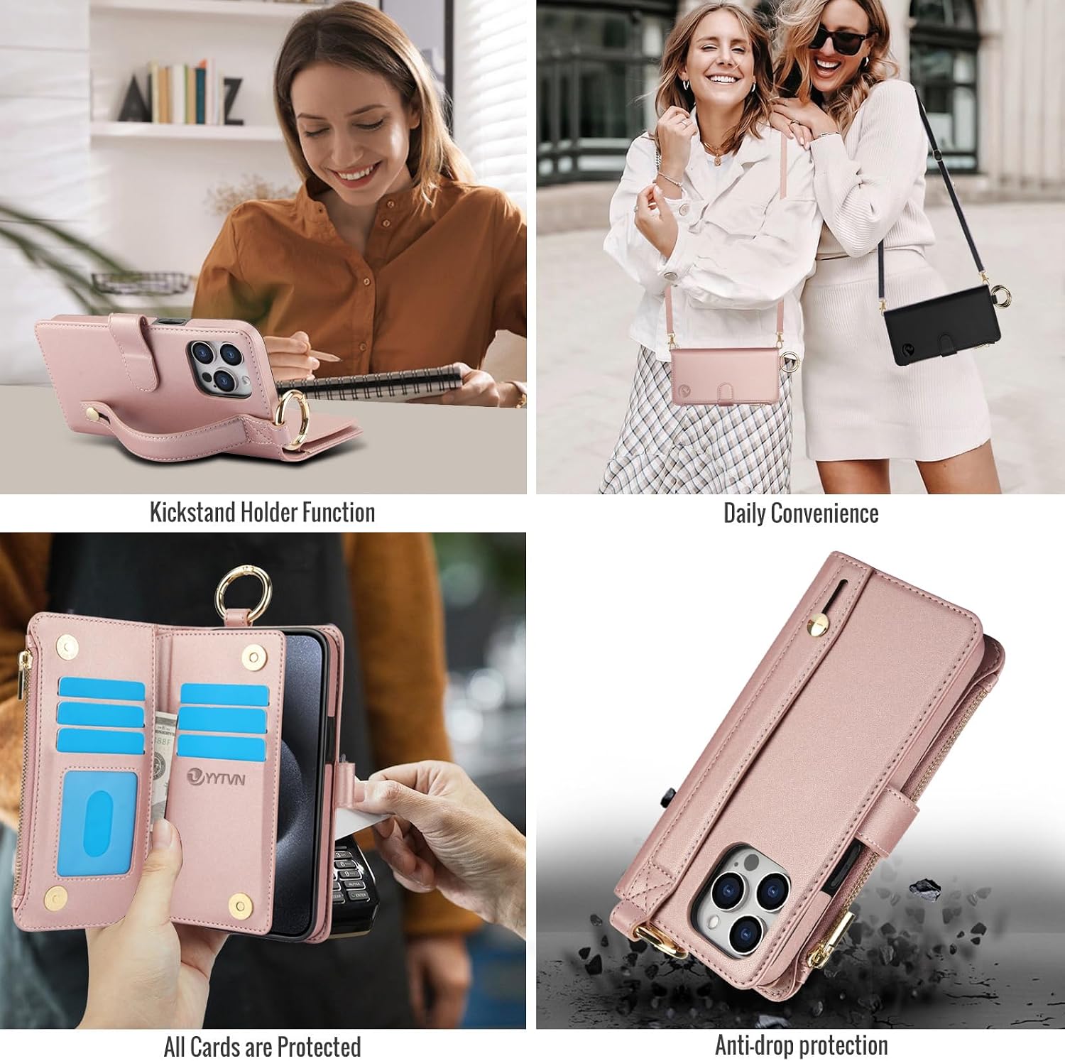 for iPhone 15 Pro Max Case Wallet with Ring, Rose Gold image 3