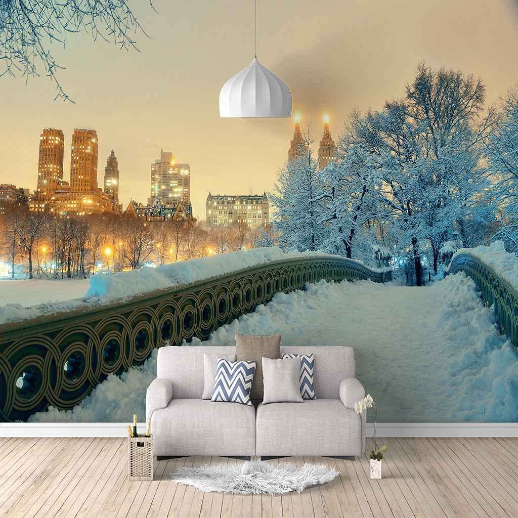 Papier Peint Scène Urbaine de Neige Blanche Poster Mural Géant 200x140 cm pour Salon