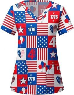 DABAOK Tops for Women UK Trendy Independence Day V Neck Short Sleeve Printed T Shirt with Pocket Pullover Loose Fit Summer Clothes Sale Clearance