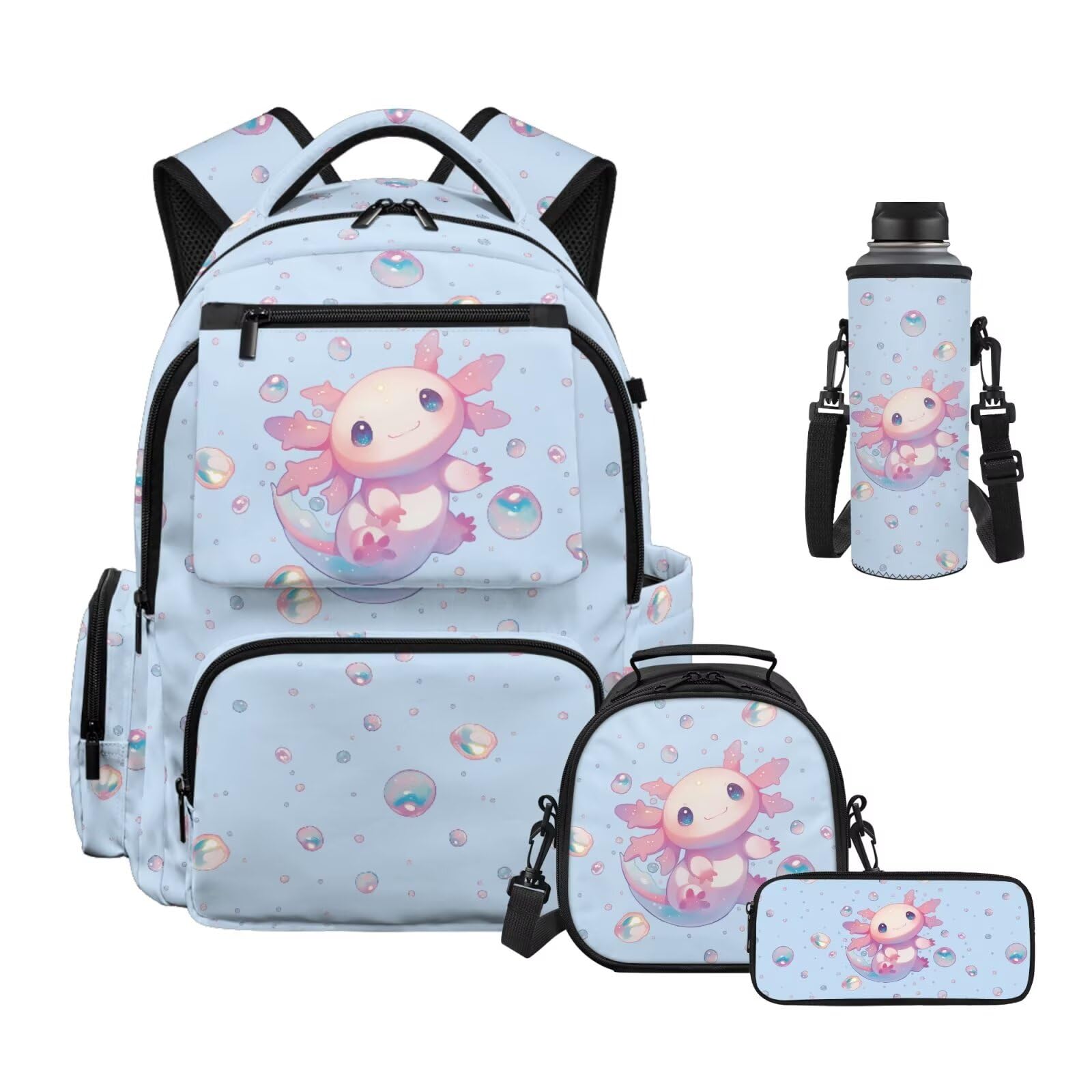 Howilath Set zaino per bambini per ragazze e ragazzi elementare scuola media 4 pezzi con portapranzo astuccio astuccio bottiglia d'acqua Mochilas Escolares Para Niñas, Bolle Axolotl, L, Classico