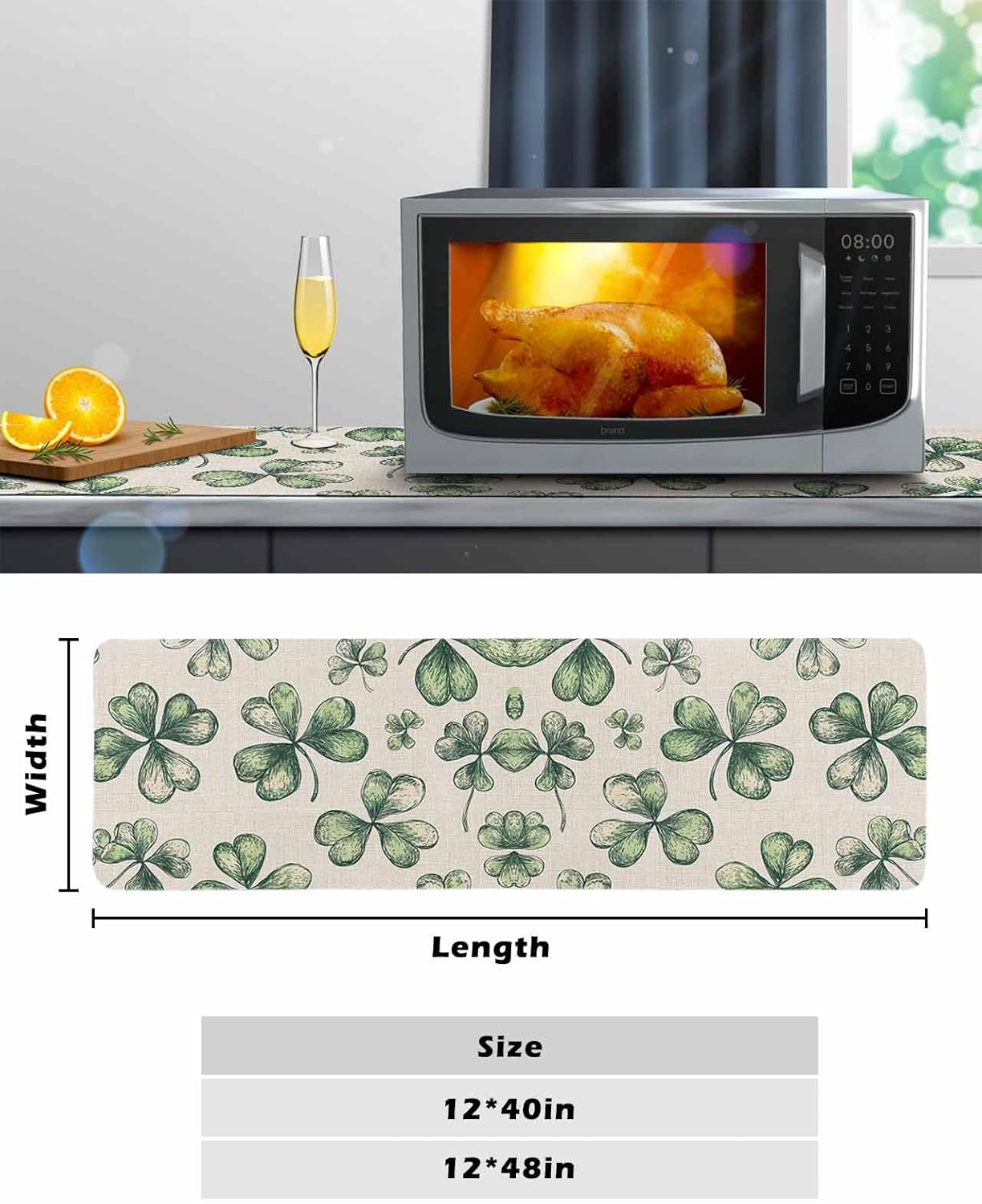 Countertop Protector Mats, St. Patrick's Day Retro Green Four-Leaf Grass Hand Drawn Non-Slip Heat-Proof Dining Table Mats Decorative Surface Protection for Countertops Kitchen Islands Tables 12"x 48"