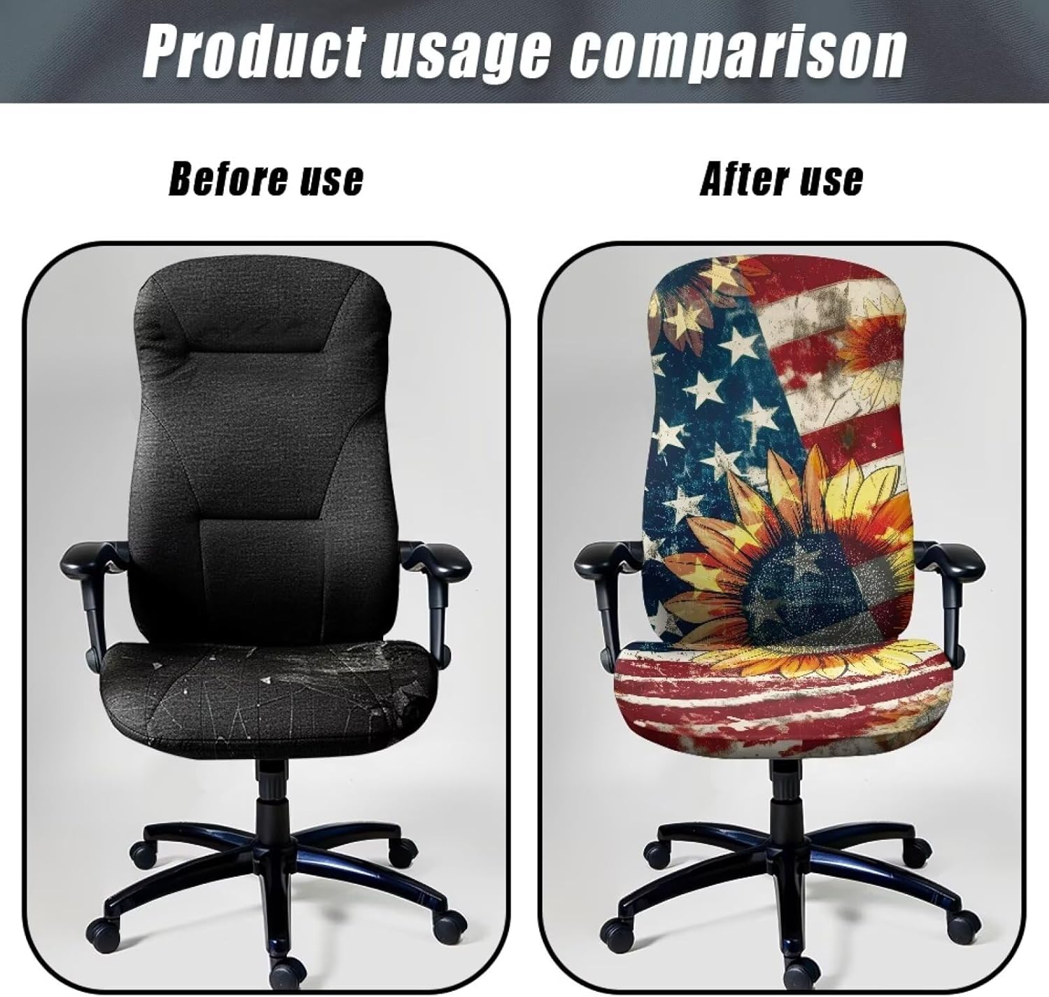 Sunflower American Flag Office Computer Chair Covers Stretchable Rotating Chair Cover Removable Armless Dining Chair Covers Washable Rotating Chair Protective Slipcover-L