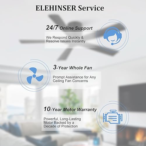 Miniatura 8 de ELEHINSER Ventilador de techo de perfil bajo de 52 pulgadas sin luz, 5 aspas de madera maciza, motor de CC silencioso de 6 velocidades,