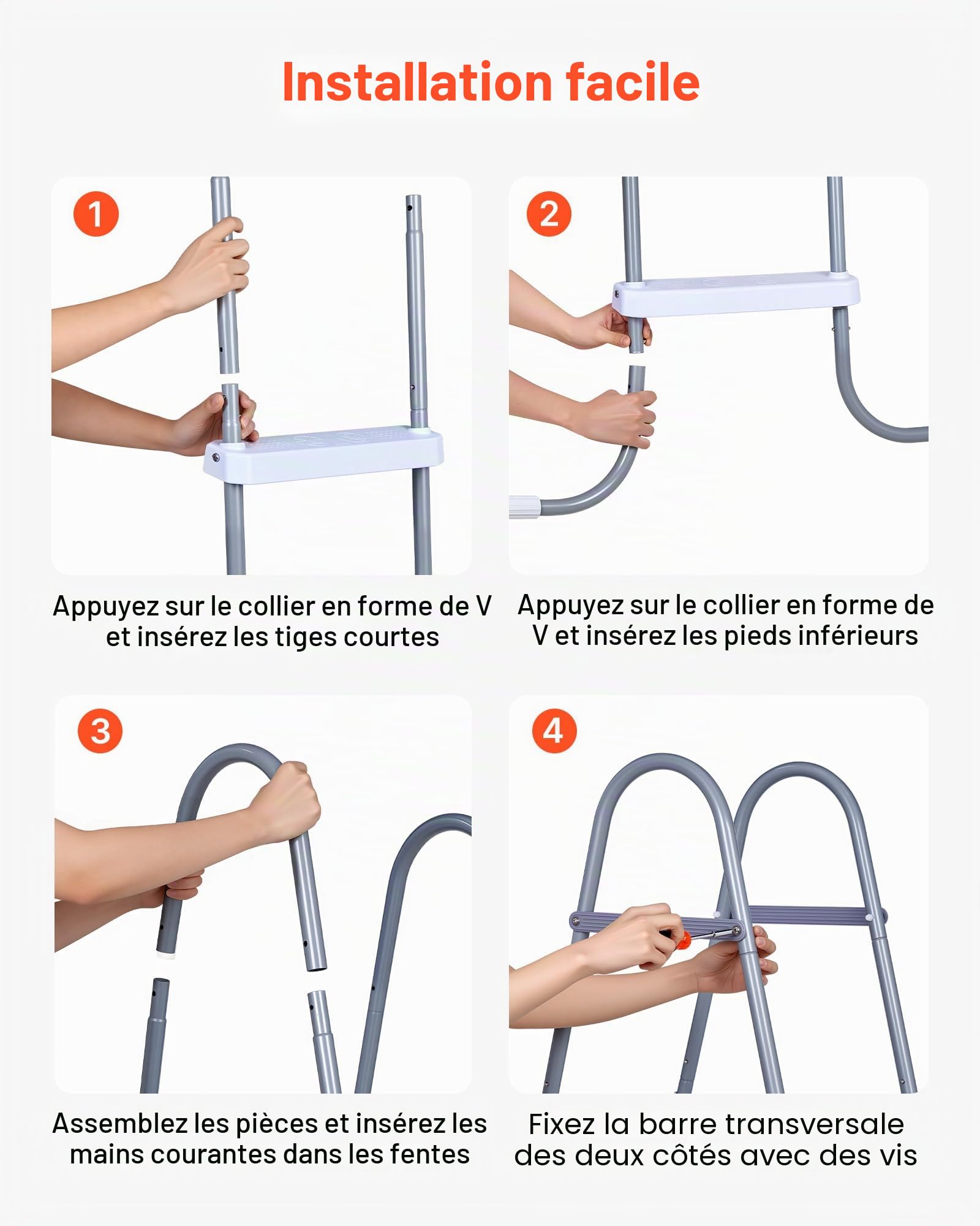 VEVOR Échelle de Piscine Hors Sol 122 cm Acier Carbone 4 Marches PP Antidérapantes Capacité Charge 136 kg Gris Blanc