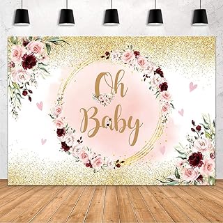 MEHOFOND Rose Gold Baby Shower Backdrop for Girl Oh Baby Backdrop Blush Pink Floral Glitter Gold Dots Baby Shower Photography Background Newborn Party Decorations Banner Photo Studio Props Vinyl 7x5ft