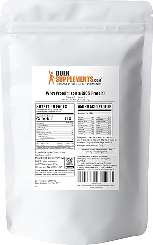 Miniatura 9 de Polvo de aislados de proteína suero de leche de BulkSupplements Aislados 90  limpios y puros sin sabor para hombres y mujeres Construye masa