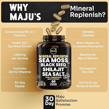 Maju Superfoods 18-in-1 Sea Moss, Black Seed, Shilajit, Sea Salt + D3 & K2, Concentrated Extracts, Trace Multi Mineral Capsules, for Men & Women Mineral Electrolytes Supplements