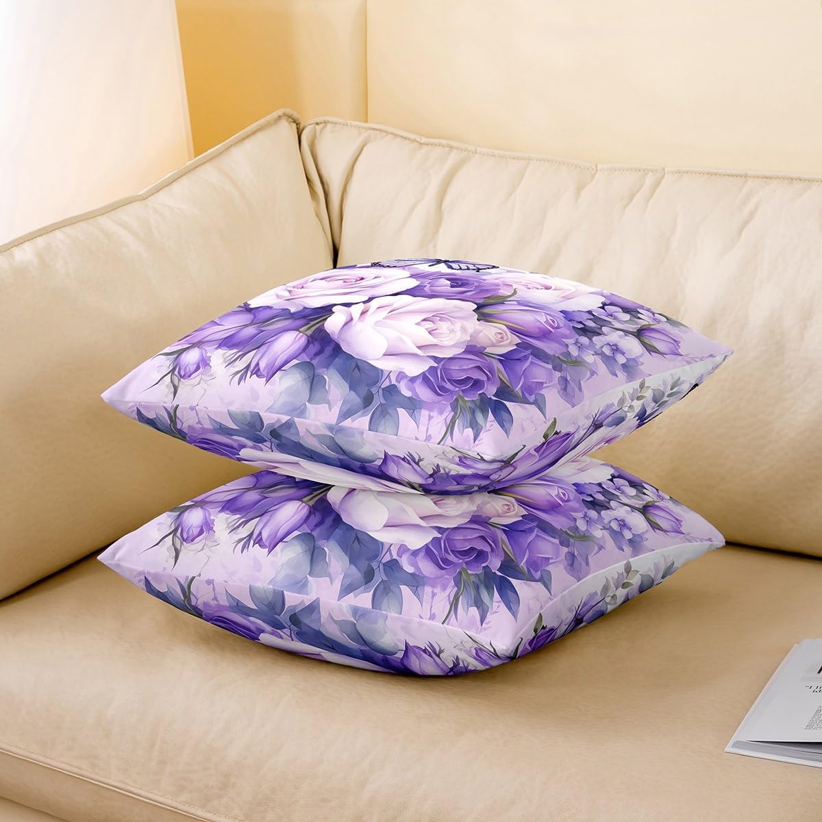 Feelyou Purple Rose Throw Pillow Covers 22"x22" Set of 2 Purple Butterfly Cushion Case for Girls Women Flower Floral Decorative Pillowcase Flower Plants Home Decor