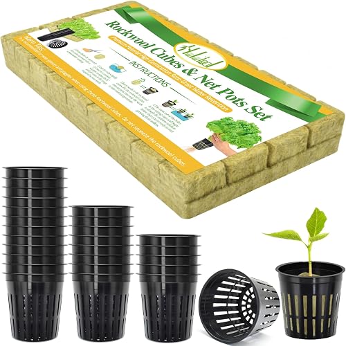 HALATOOL 36PCS 1.2 Inch Rockwool Cubes with 30PCS 2 Inch Net Cups Hydroponic Seed Starting Kit