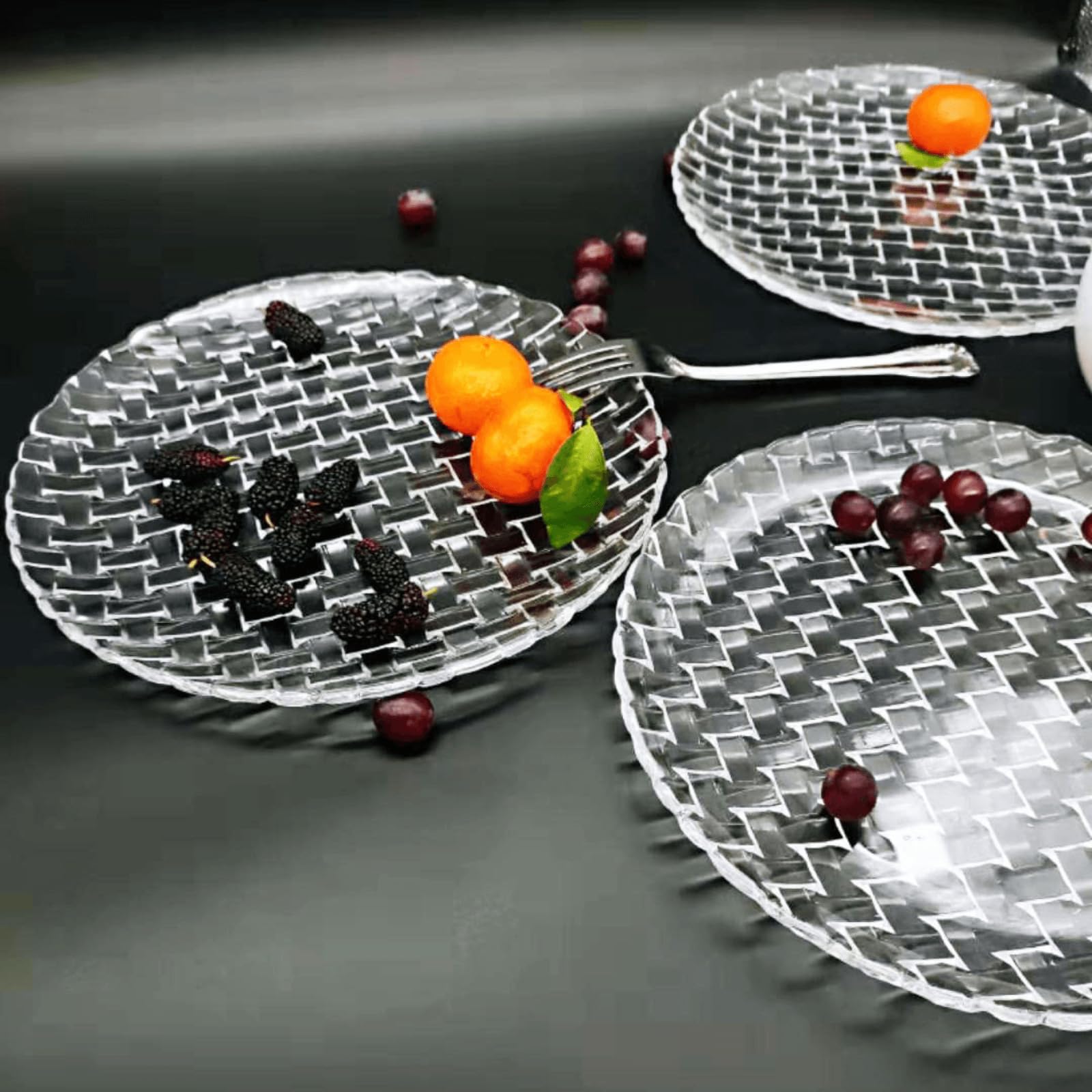 große Glasteller, Kristallglasteller, Dessertteller, Geschirrteller-Set für Snack, Obst, Tischdekoration für Hochzeit, Urlaub, dekorativ (straw weaving shape, 6inch 6pcs)