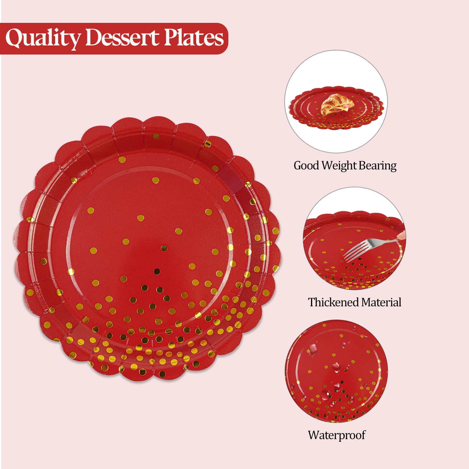 Juego de 50 platos y servilletas de papel rojo – Platos desechables de fiesta de lunares rojos y dorados, vajilla para decoración de cumpleaños, Navidad, compromiso y bodas