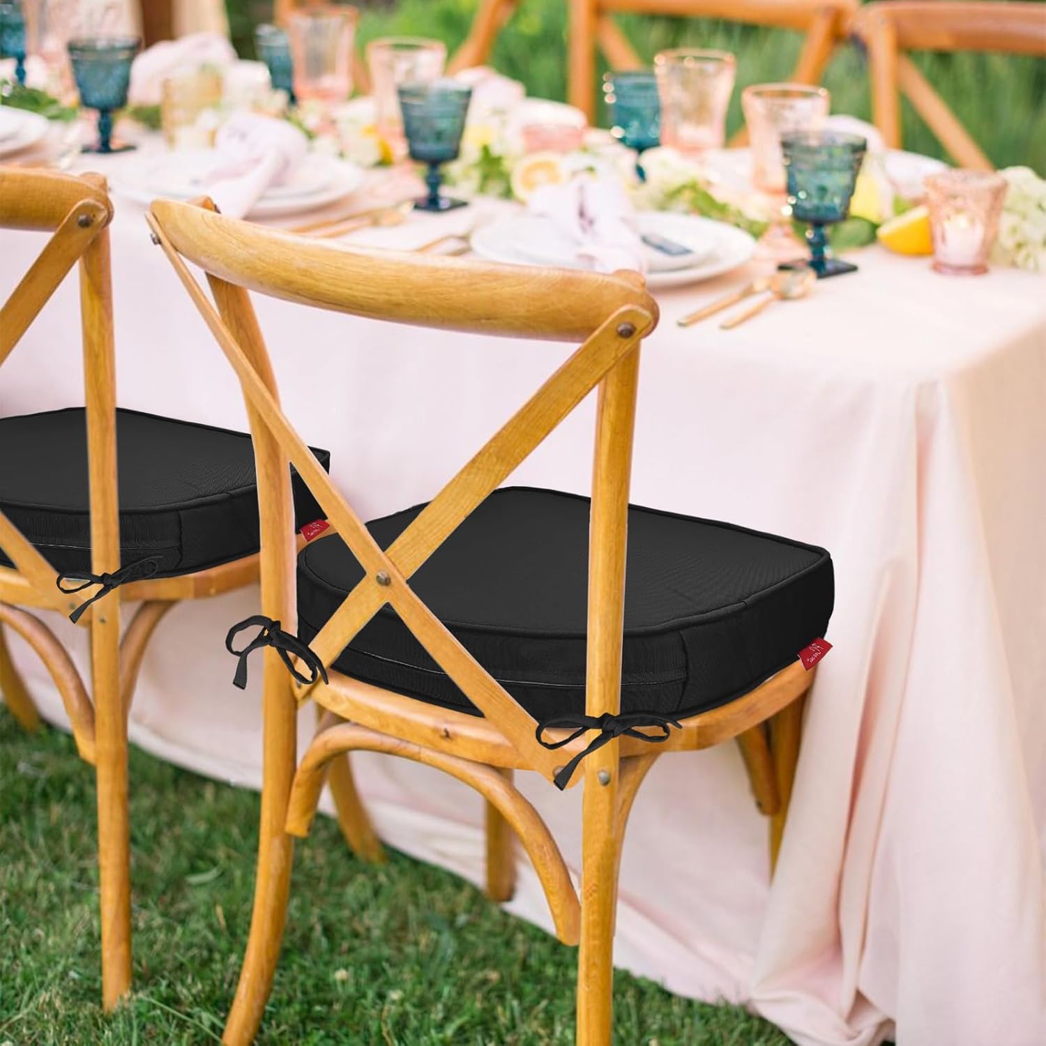 Pcinfuns Outdoor Chair Cushions Set of 4,Thick 17" x 16" x 3" Cushion for Patio Furniture,Round Corner Patio Chair Pads with Ties, Memory Foam Outdoor Seat Cushions,Black