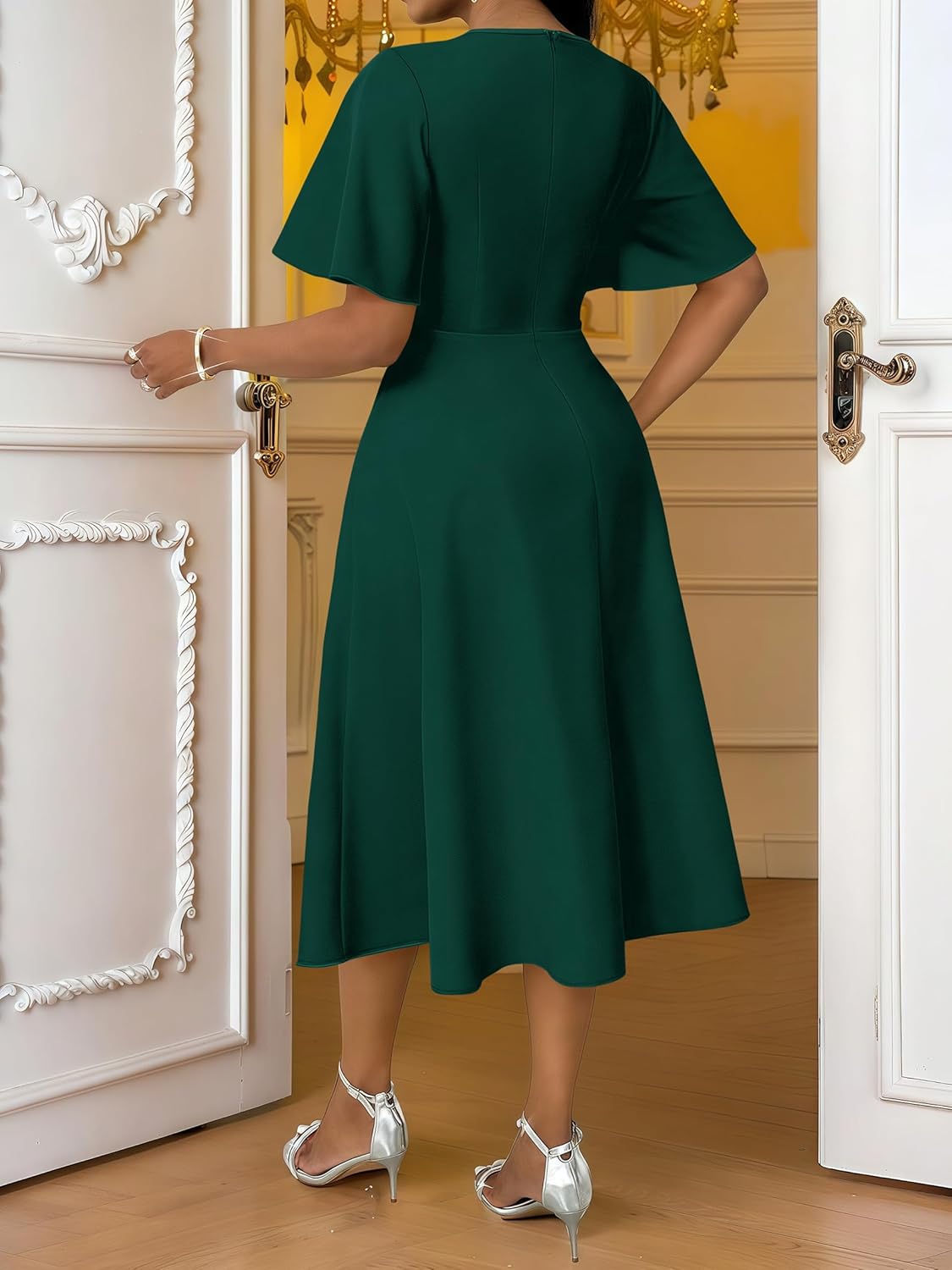 Women's Elegant V-Neck Flowy A-Line Dress Flared Short Sleeves Cinch Waist Cocktail Date Party Midi Dresses - Image 2