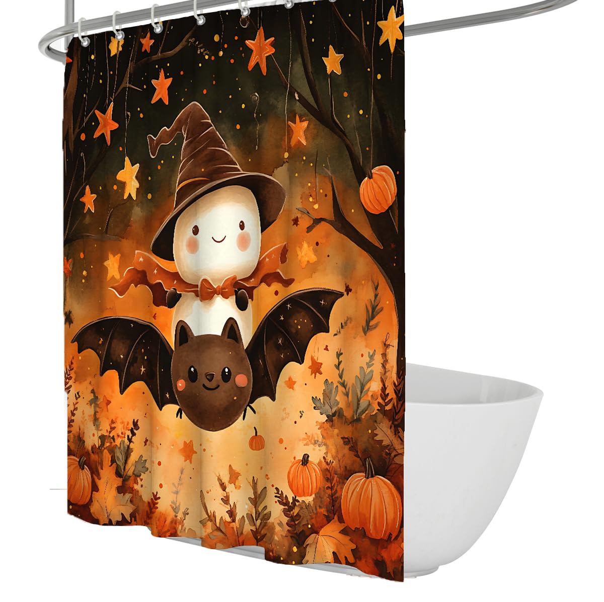 UIRINGART Cute Halloween Ghost Shower Curtain W120xL180cm Cartoon Bat Pumpkin Pattern Anti Mould Waterproof Washable Bathtub Screens with Hooks
