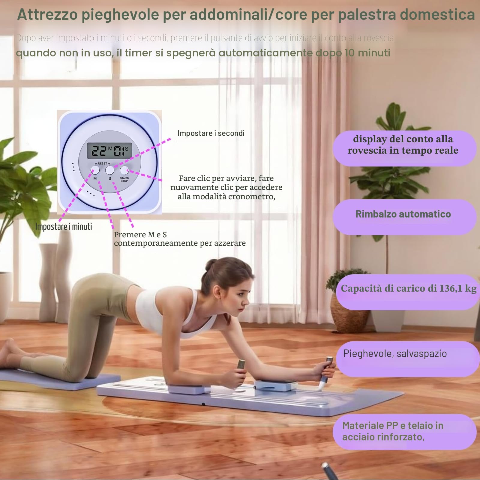 Tavola riformatrice per pilates 4 in 1 con rimbalzo automatico e timer, capacità 136 kg, pieghevole, per palestra domestica, attrezzatura antiscivolo per fitness per donne e uomini