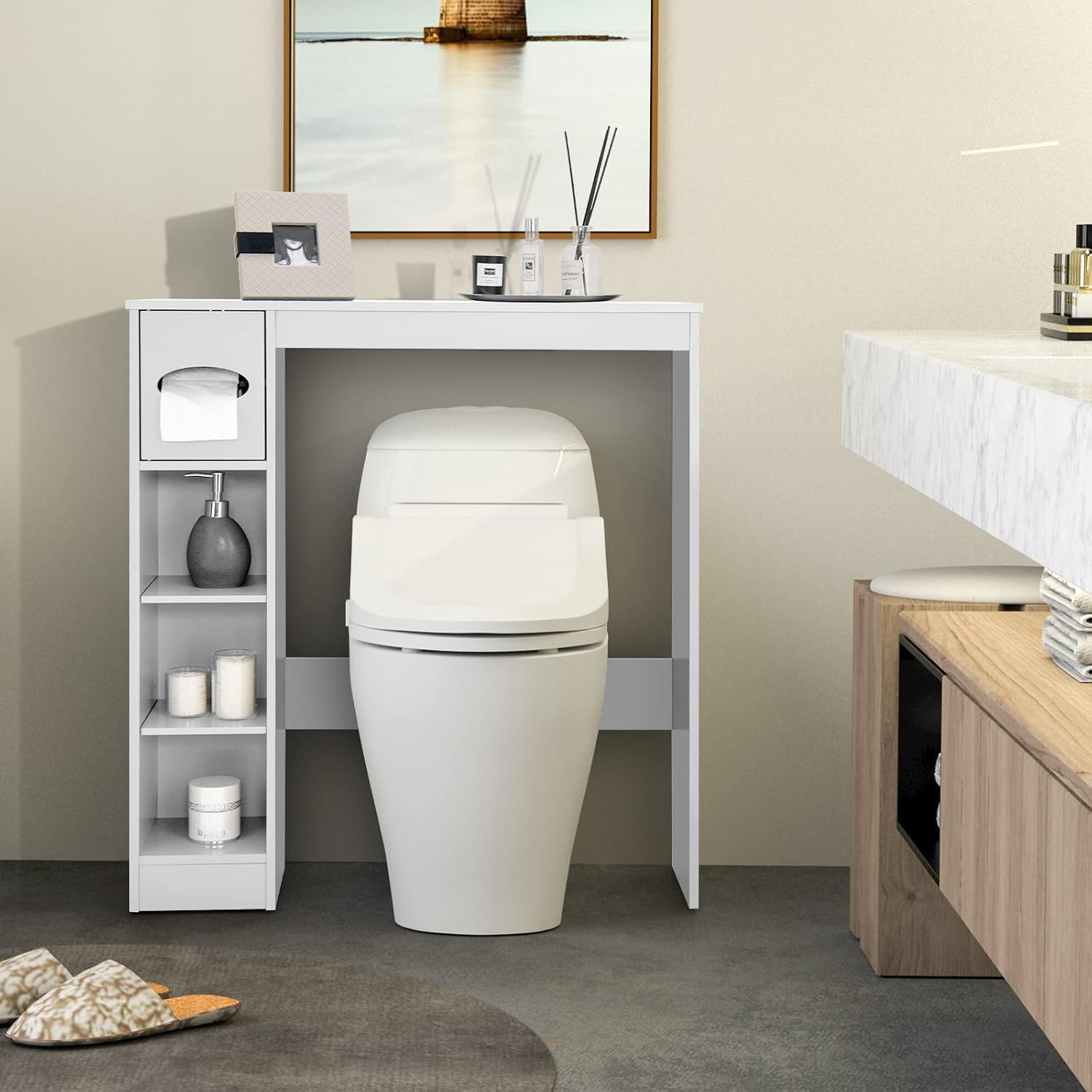Giantex Over The Toilet Storage Cabinet, Freestanding Toilet Cabinet Organizer w/Adjustable Shelves & Toilet Paper Holder, Bathroom Space Saver Storage Rack Home Organizer for Bathroom Laundry(White)