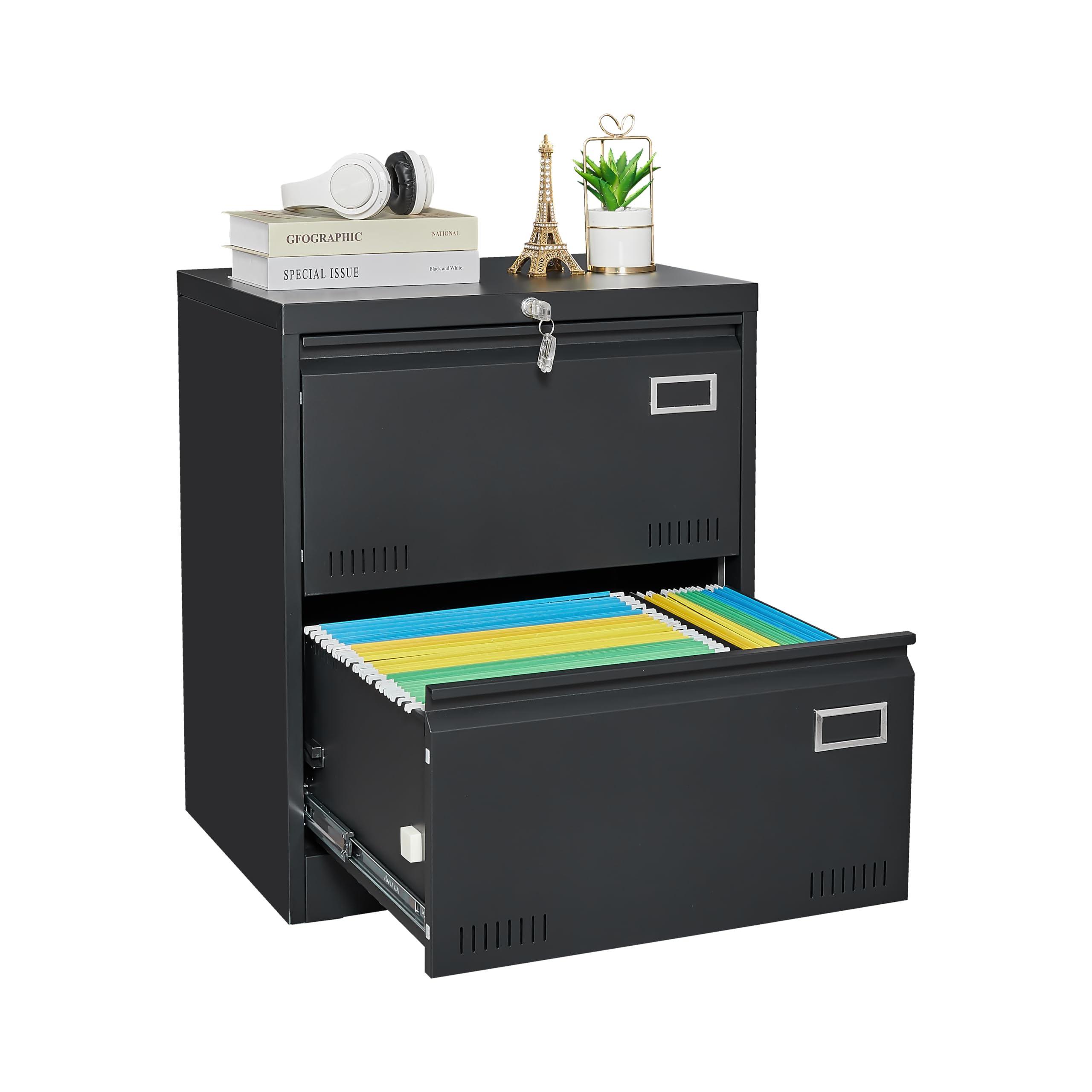 AOPNOMU Contemporary Filing Cabinet, Lockable Office Drawer, Fireproof File Cabinets,Lock Cabinet for Letter, A4, Storage Cabinet for Home, Office (2 Drawers Black)