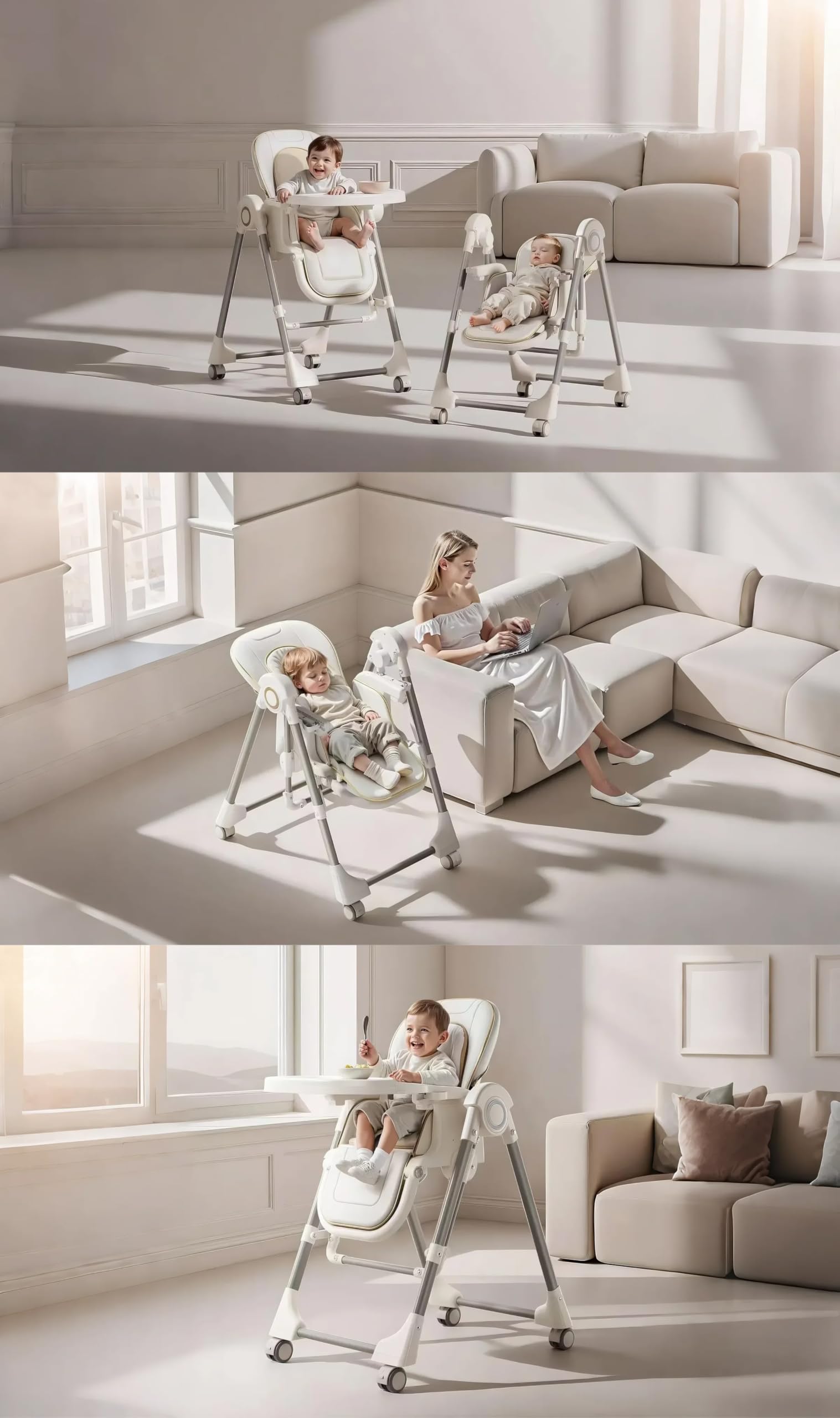 MoLi Krzesełko ze skóry PU, krzesło z funkcją huśtawki, krzesełko dla niemowląt, dwuwarstwowa taca (X8121 White)