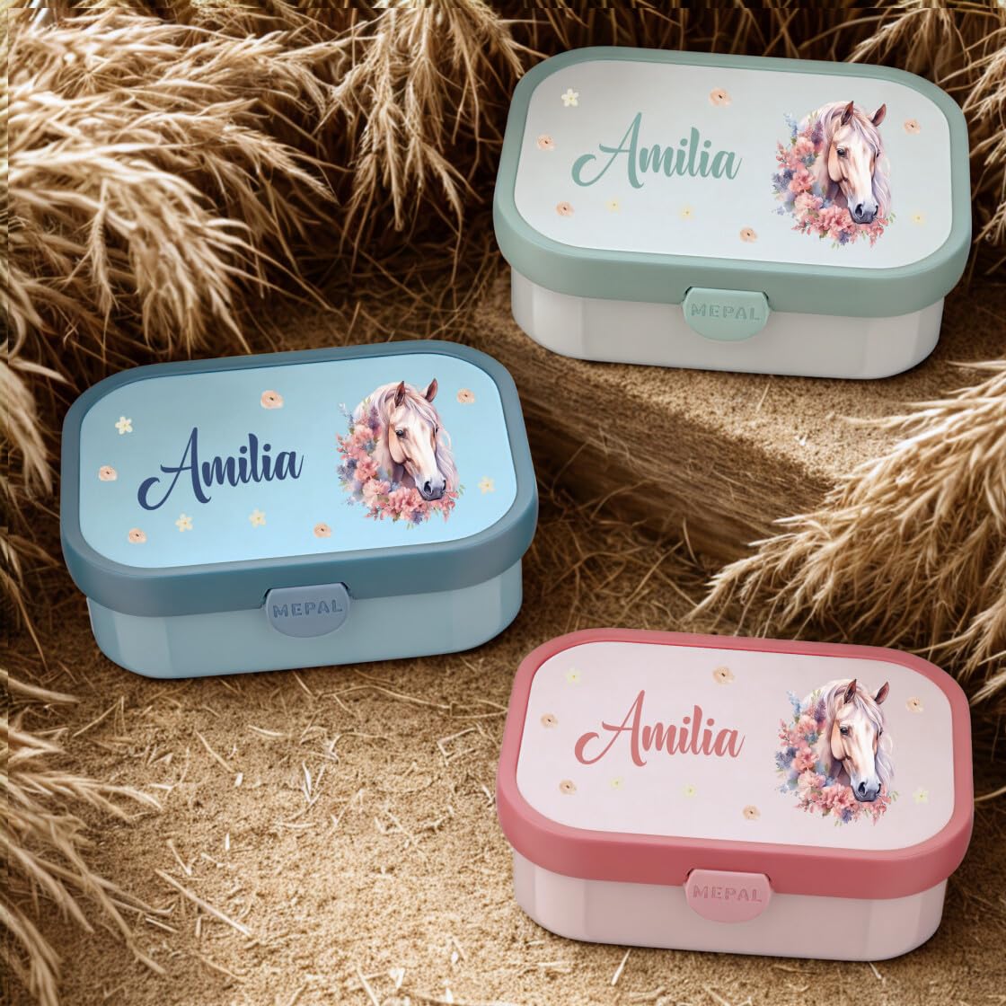 Mepal Set Brotzeitdose & Trinkflasche personalisiert, Brotdose Kinder mit Fächern, Lunch Box & Wasserflasche mit Name, auslaufsicheres Bento Box Set mit buntem Aufdruck Pferd (pink)