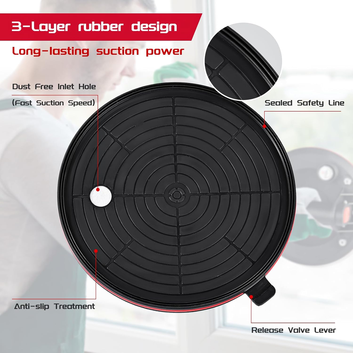 Underside view of the suction cup showing the 3-layer rubber design, dust-free inlet hole, sealed safety line, and release valve lever.