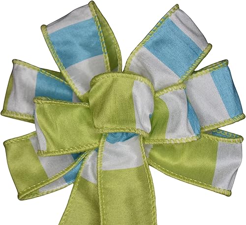 Miniatura 2 de Small 5-6" Aqua and Lime Striped Wired Wreath Bow