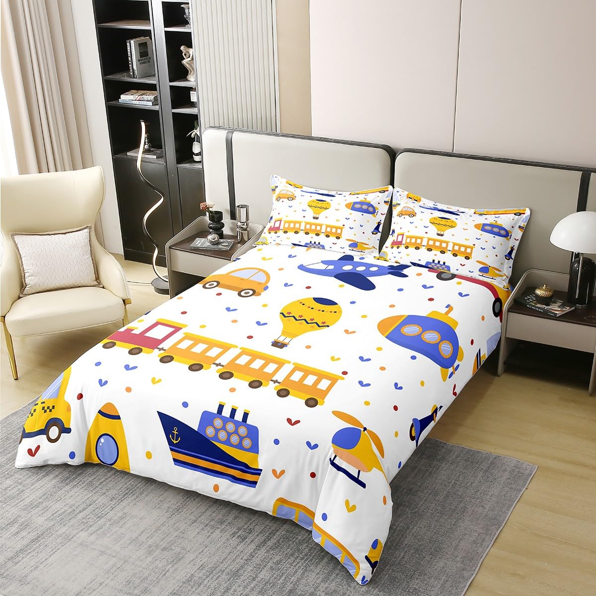 richhome 100% Cotton Cartoon Train Duvet Cover Single Watercolor Cars Submarine Ship Comforter Cover Blue Aircraft Colorful Dots Bedding Set for Boys Girls Bedroom