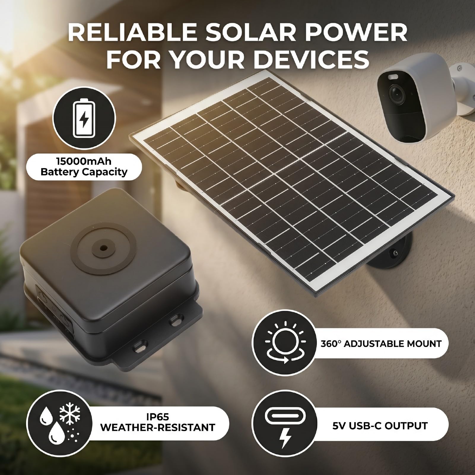 4 W Tragbares Solarpanel, 15000 MAh Eingebauter mit Typ-C-Ausgang, 5 V 1 A für Outdoor-Überwachungskameras, Smart Locks, Campingleuchten (BLACK)