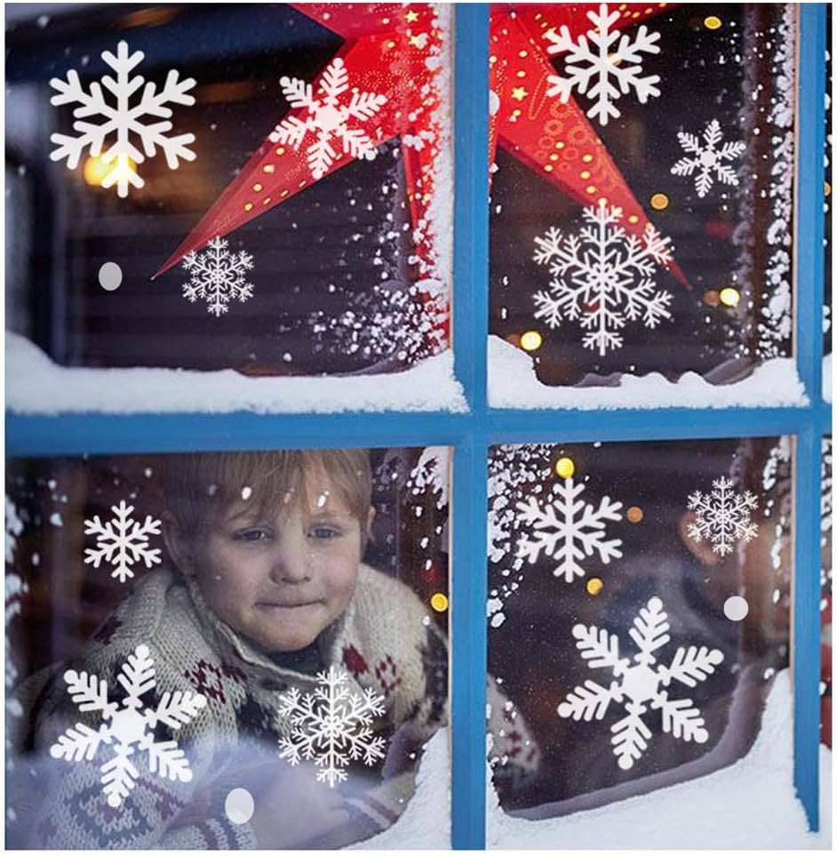 300+ Snowflake Window Clings Christmas Decorations - White Snowflakes Decals for Winter Windows (8 Sheets)