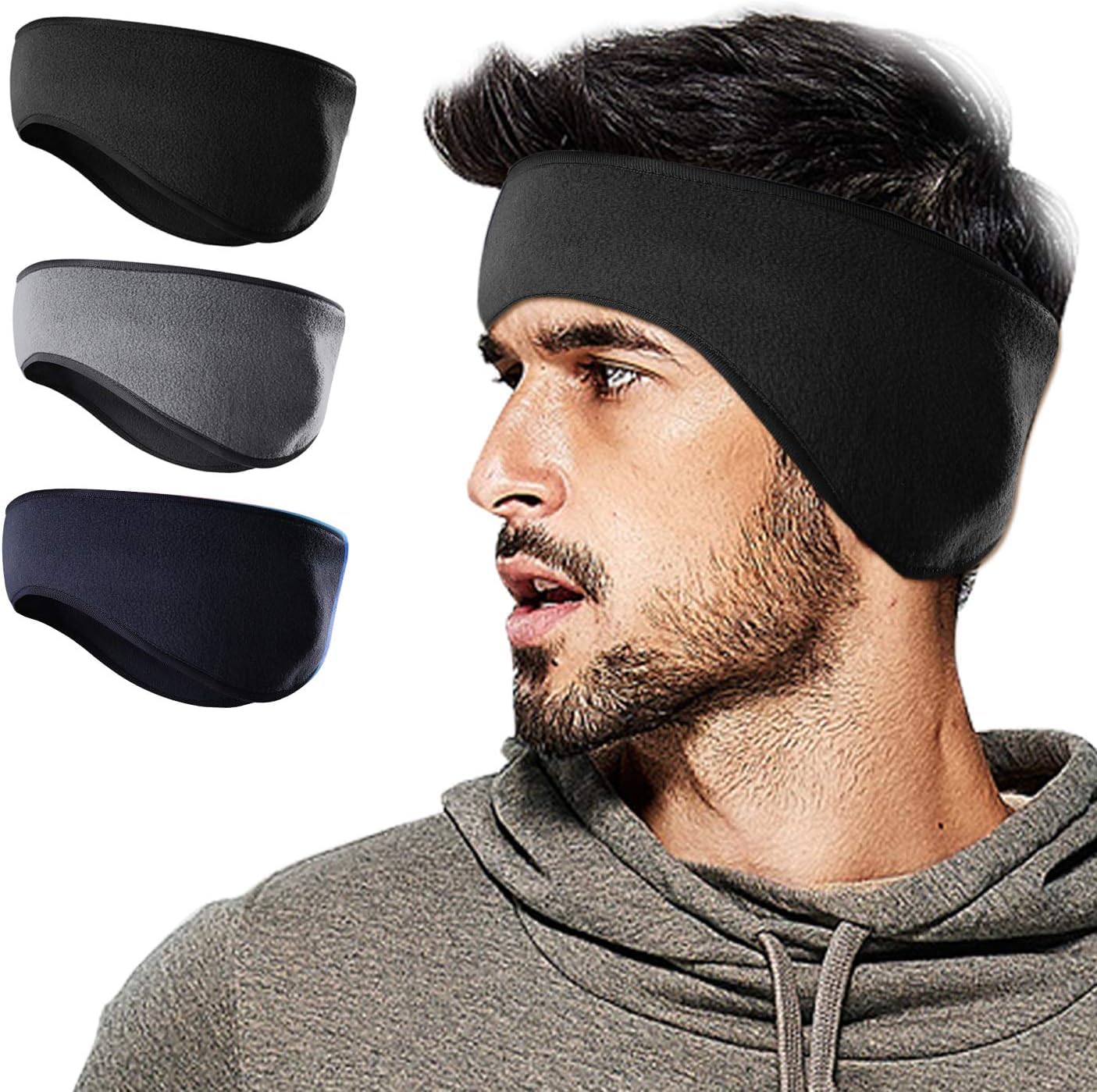 Winter Fleece Ear Warmers Muffs Headband for Men Women Kids Ski Running Cycling (Earmuffs Black, Grey And Blue)