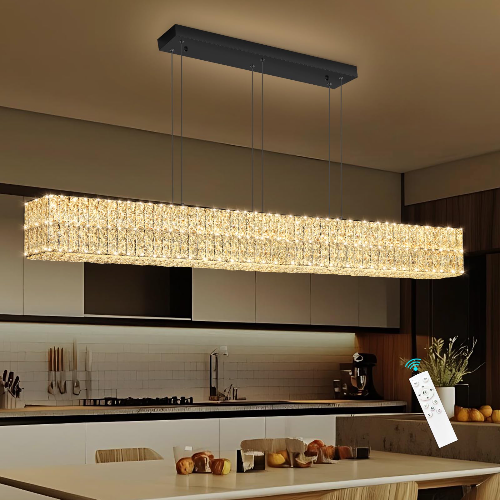 Photo 1 of YLKP Rectangular Crystal Chandelier Dimmable LED Linear Chandeliers for Dining Room Remote Ceiling Pendants Light Fixture for Kitchen Island Black