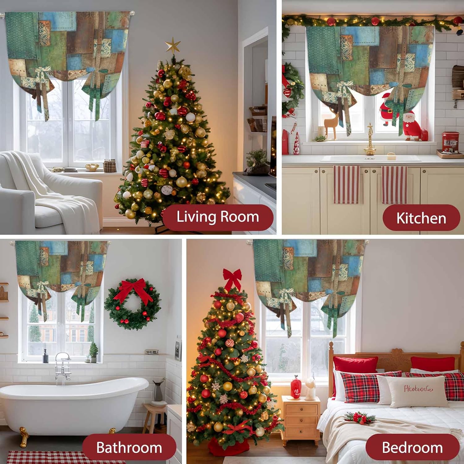 Color Block Boho Tie Up Curtains for Windows 63 Inch Length Balloon Curtains Kitchen Adjustable Balloon Window Shade Geometric Vintage Botanical Tie Up Valance Bathroom Curtain Window 52"x63"