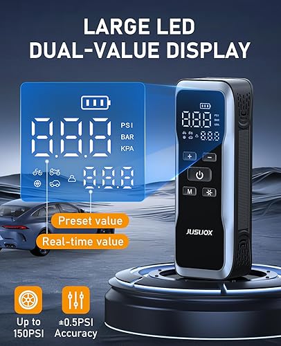 Miniatura 4 de Inflador de neumáticos, compresor de aire portátil, bomba de aire inalámbrica para neumáticos de automóvil de 150 PSI con batería y 12 V CC, bomba