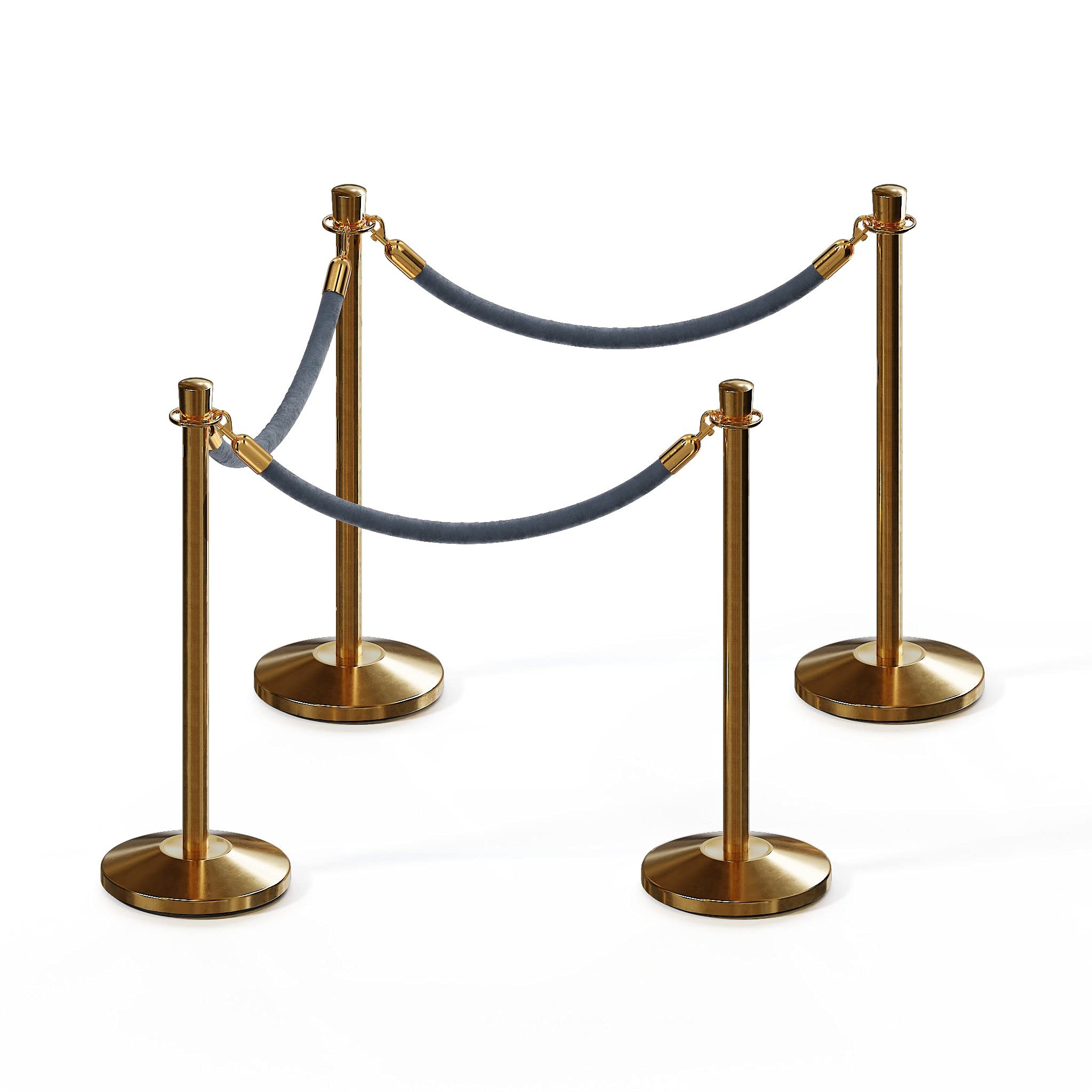 CCW Post and Rope Stanchion Kit with 4 Satin Brass Crown Top Posts and 3 Gray Heavy Duty Velvet Cotton Core Ropes (6ft.Each) in Satin Brass Snap Ends