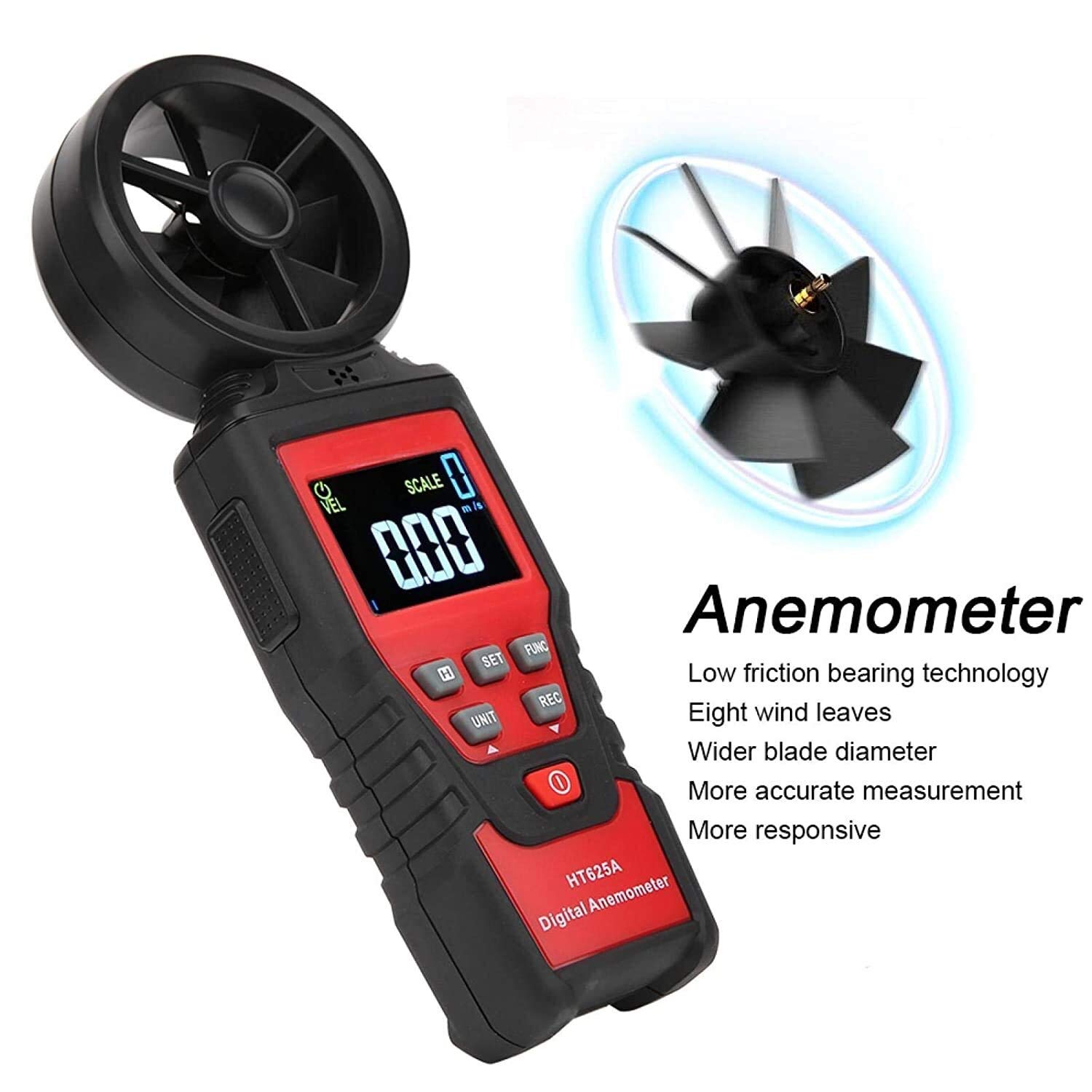 JJJ Anemometro Portatile, Display a retroilluminazione, Display USB Portatile Display LCD Misura Digitale velocità del Vento velocità dell'Aria Volume Air umidità