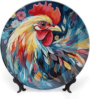 7 in Bone China Decorative Plates for Wall Hanging with Display Stand Chinese Porcelain Colorful Chicken Dessert Plate Display Dish Collections Ceramic Ornament Art Craft Home Office Decor