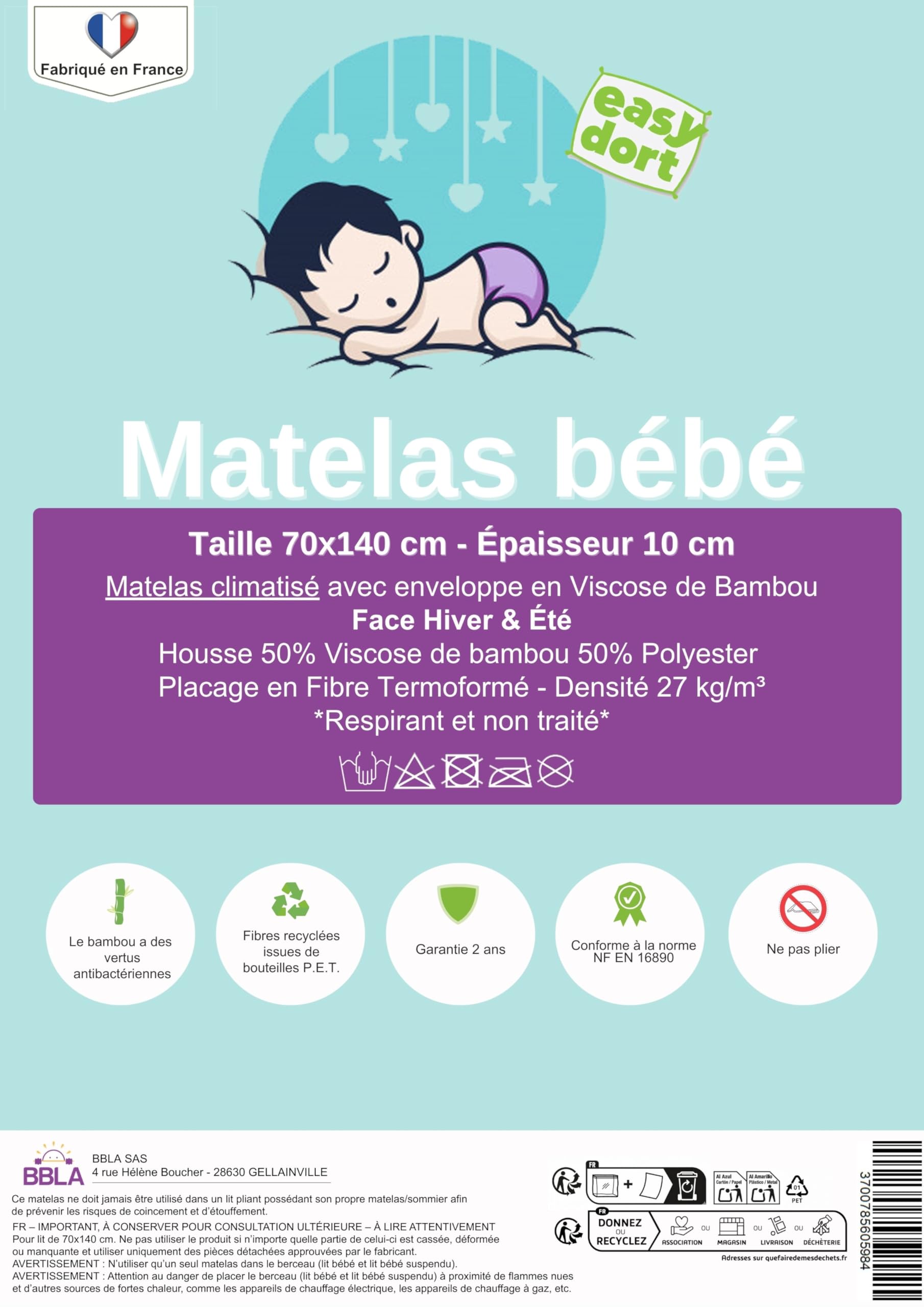 Easy Dort Materac 70x140 cm dwustronny klimatyzowany zimowy i letni, grubość 10 cm, zdejmowany, wyprodukowany we Francji