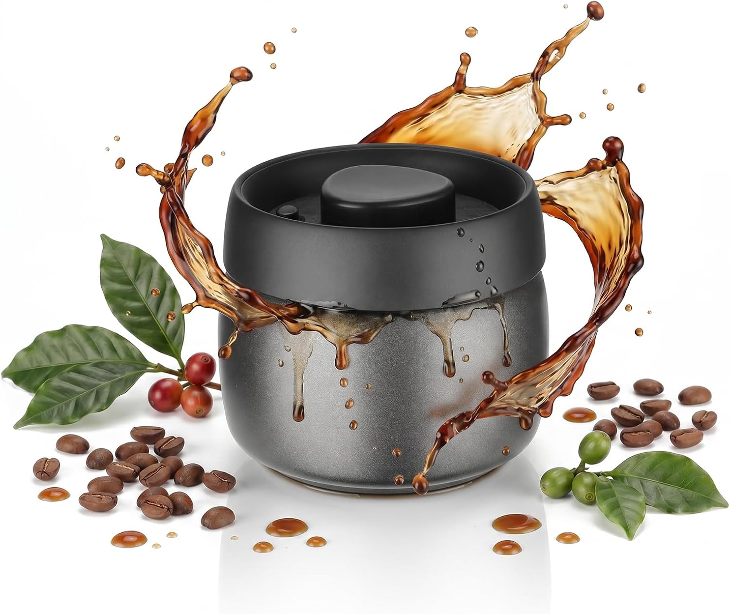 VINATO 0.4 L Vacuum Coffee Canister Airtight, Stainless Steel Storage Canister, Coffee Beans Container for Coffee Beans & Ground Coffee, Light & Aroma Proof (Black)