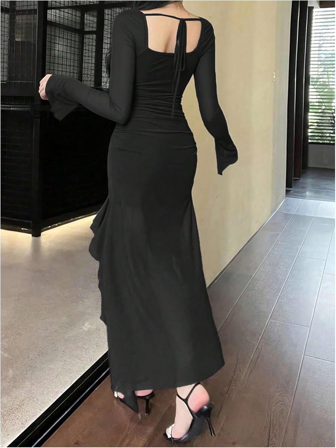 GORGLITTER Women's Square Neck Ruched Maxi Dress Fall Gothic Long Sleeve Split Cocktail Birthday Dinner Going Out Dress - Image 2