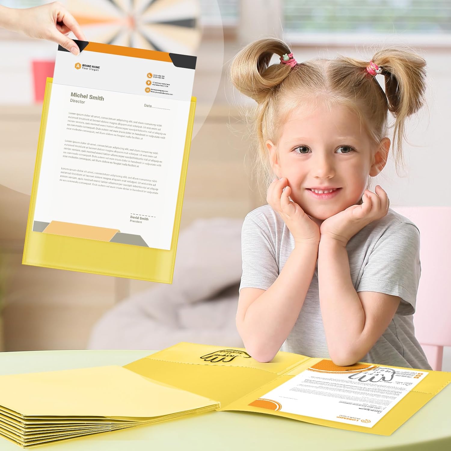 Henoyso 48 Pcs Two Pockets Parent Teacher Communication Folder Take Home Folders with Clear Front Pocket Plastic Heavy Duty Fit Letter Size for School Student Home Teacher, 11.8×9.45 Inch(Yellow)