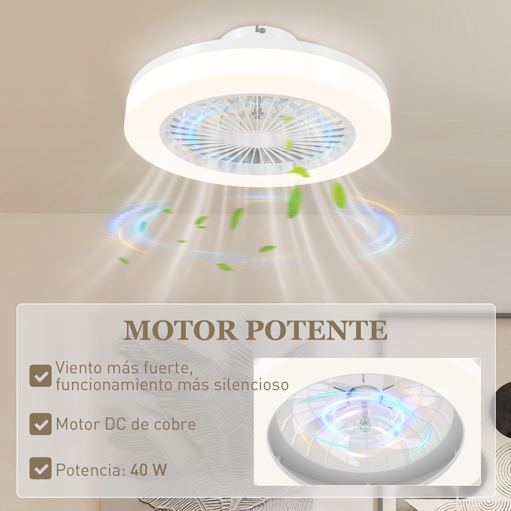 HOMCOM Ventilador de Techo con Luz LED Motor DC Silencioso Ø46 cm Blanco | 40 W Reversible, Lámpara Ventilador Techo, Mando a Distancia, 6 Velocidades, Temporizador, para Salón Dormitorio