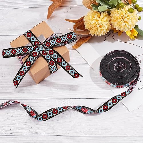 Miniatura 4 de GORGECRAFT Cinta de jacquard étnico de 10.94 yardas, cinta bordada de 34 pulgadas de ancho rojo azul geométrico rombo tejido flecos o bricolaje