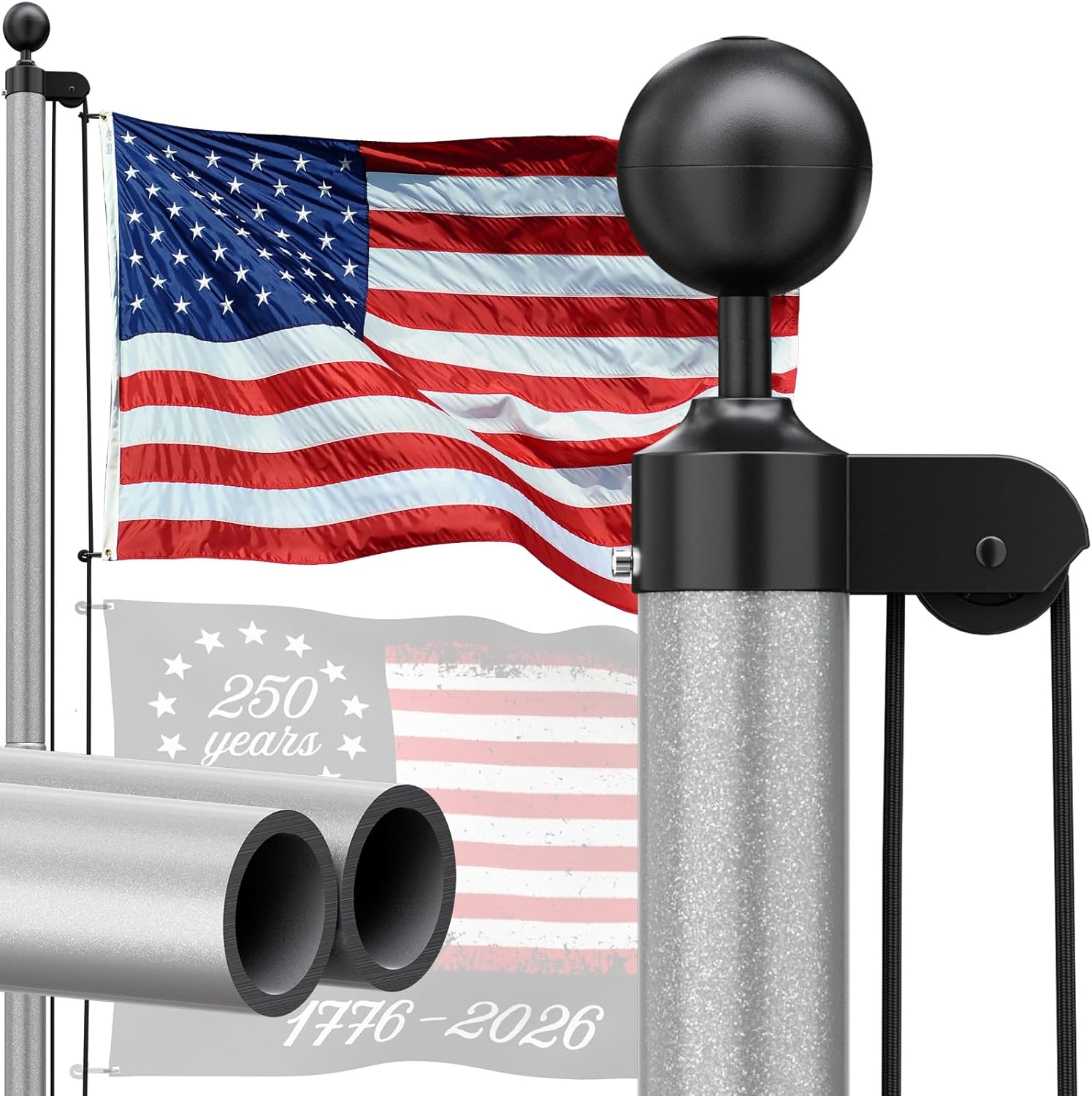 Heavy Duty Flag Pole - 20 FT 12 Gauge Extra Thick Aluminum Flagpole Kit with 5x3 Nylon Embroidered Flag for Outside House In Ground - 110MPH Wind