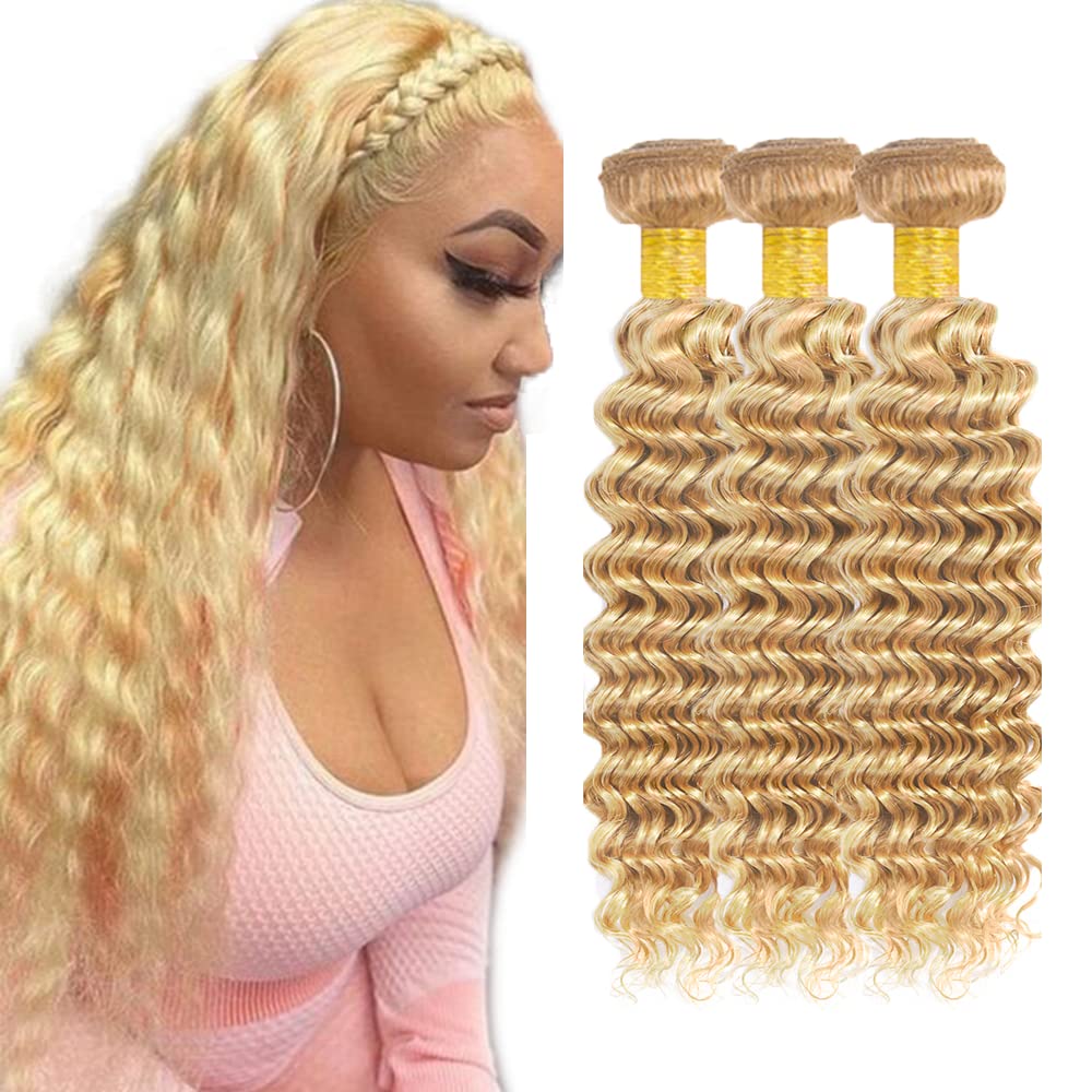 Jucames Deep Wave P27/613 Highlight Blonde Human Hair Bundles Honey Blonde Double Weft Virgin Unprocessed Human Hair Extensions Weave 3 Bundles Total 150g 22 24 26 Inch