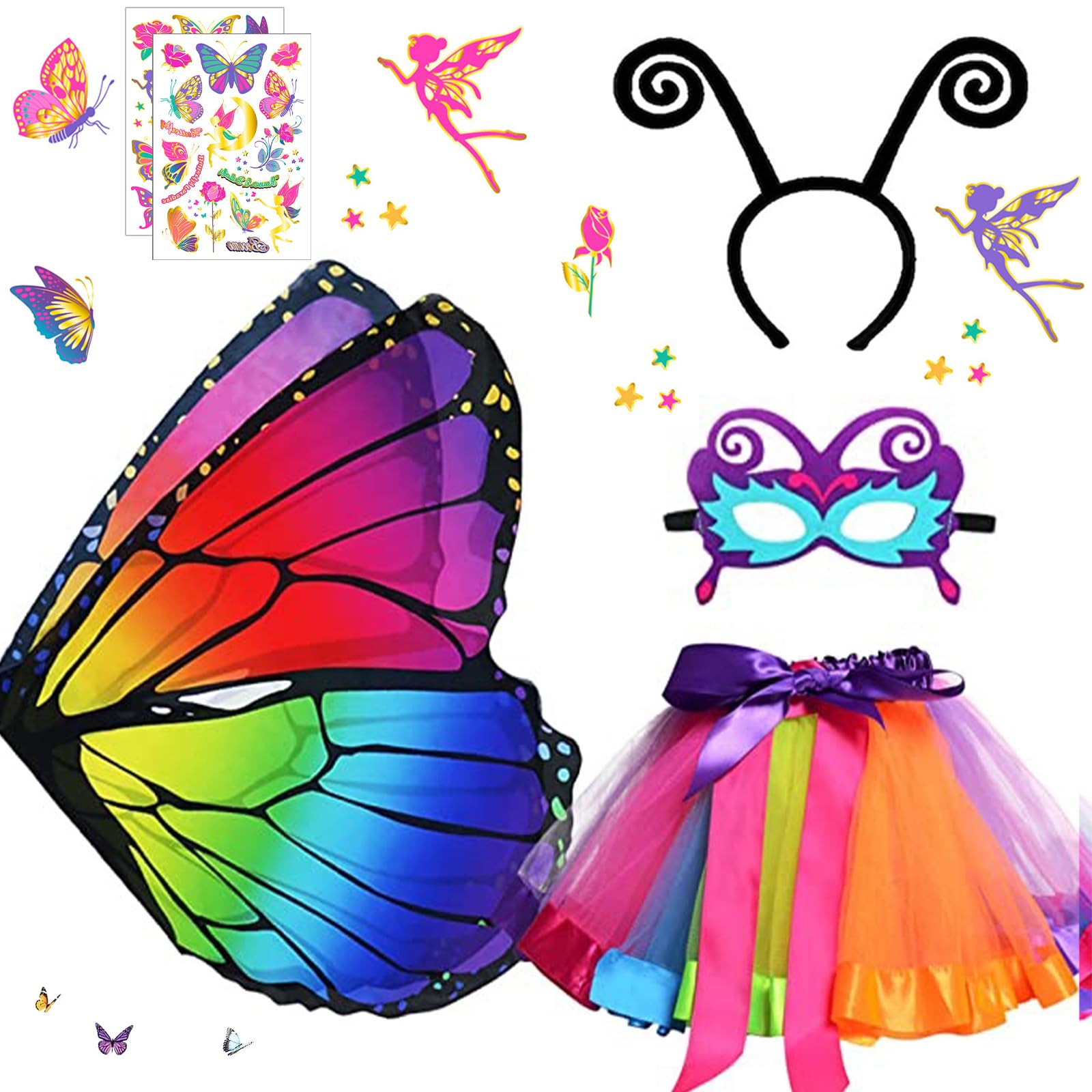 HIQE-FL Disfraz Mariposa,6 Piezas Mariposa Disfraz de Hada,Disfraz Mariposa Niña,Alas de Mariposa,Máscara, Tutu Falda,Diadema,Tatuajes, para Halloween Carnaval Pascua Fiesta Cosplay Baile