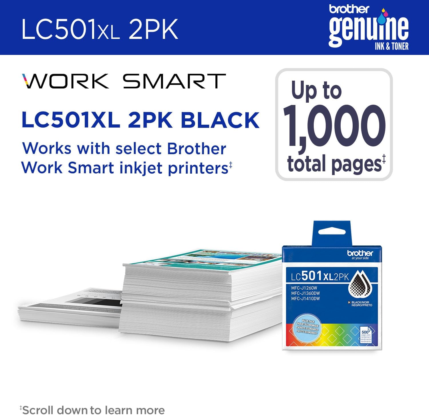 Brother Genuine LC501XL2PK Twin Pack High Yield Black Ink Cartridges (for use with Work Smart 1260, 1360, and 1410 Printers)