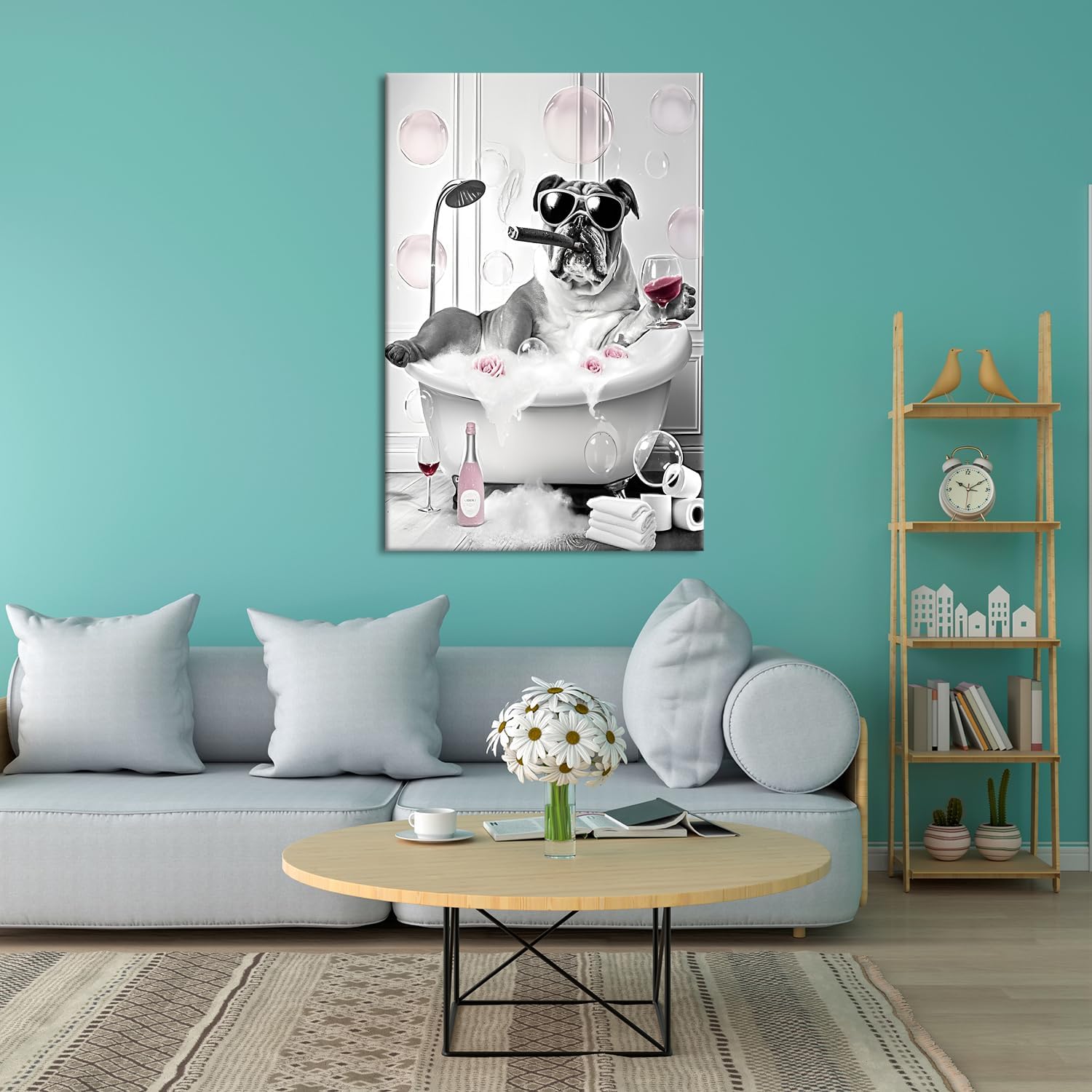 ZHIYYHAO Funny Bulldog Living Room Wall Art Black and White Animals Bulldog Smoking Cigar Wall Decor Bulldog in Bathtub Bathing Pink Bubbles Canvas Prints Framed Artwork for Hallway Decor Bedroom Living Room Nursery Home Decor （A-11，30.00L" X20.00W'' ）