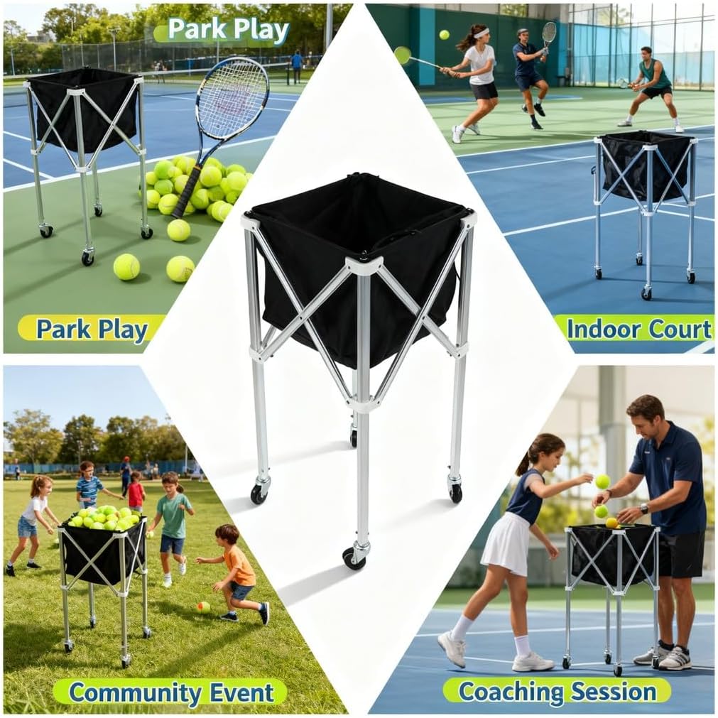Foldable Tennis Ball Hopper Basket Cart, Light Aluminum Alloy Trolley with Wheels, High Capacity and Portable - Easy Transport, Stable Design, Ideal for Court Practice and